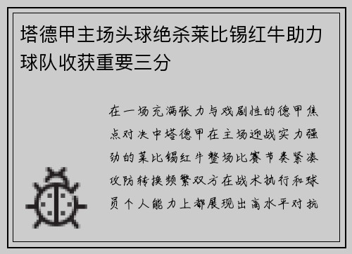 塔德甲主场头球绝杀莱比锡红牛助力球队收获重要三分
